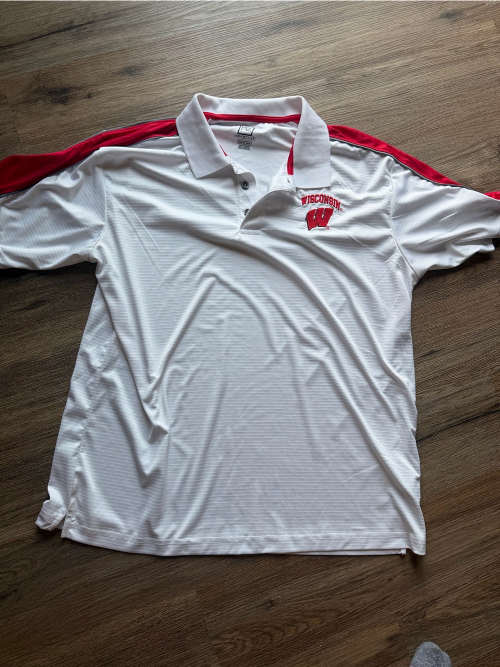 Pro Edge White and Red Polo with Wisconsin Logo